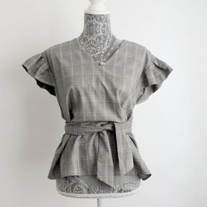 3/$15 Worthington Plaid Gray Ruffle Sleeves Blouse